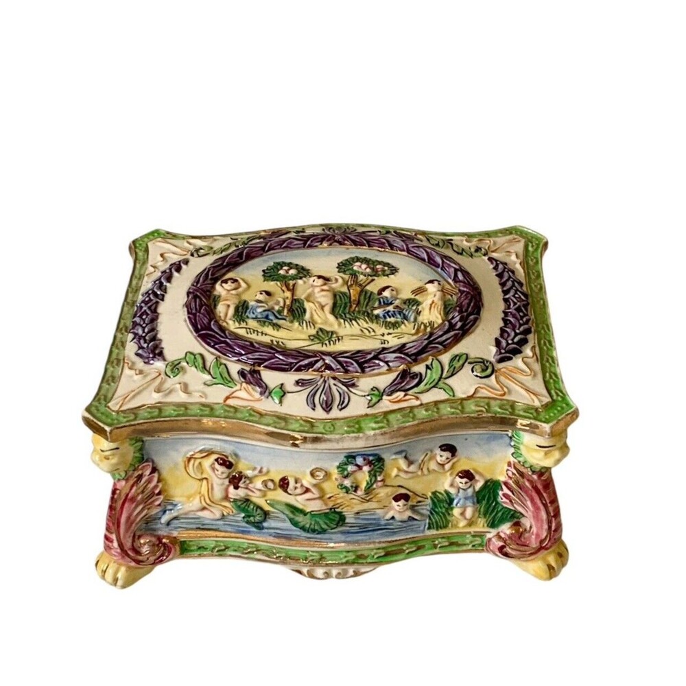 VTG 1950s Hand Painted Japanese Ceramic Trinket Box Majolica Ware Style